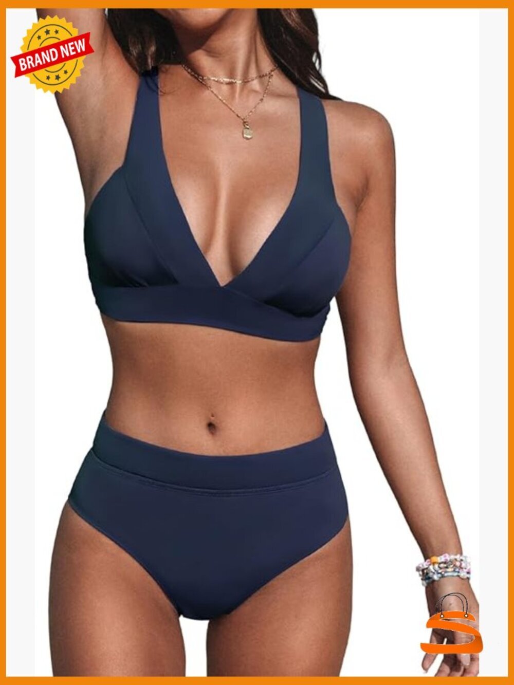 V Neck Bikini Set High Waisted Retro Swimwear Adjustable Straps